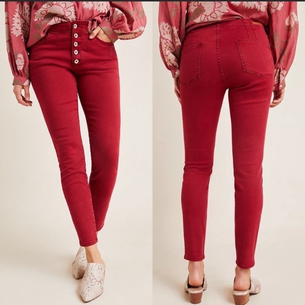 Pilcro and the Letterpress Red Button-Fly High-Rise Skinny Jeans